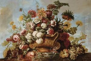 Flowers In A Terracotta Vase With Fruit On A Ledge by Jean Baptiste Belin de Fontenay