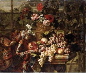 Still Life Of Various Flowers In
 A Bronze Urn, Together With Pomegranates, Grapes, Pears And Plums On A 
Marble Table Draped With A Carpet