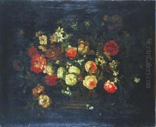 Bouquet Of Summer Flowers, Peonies, Tulips, And Lilies In An Openweave Basket - view 1