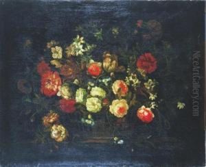 Bouquet Of Summer Flowers, Peonies, Tulips, And Lilies In An Openweave Basket by Jean Baptiste Belin de Fontenay