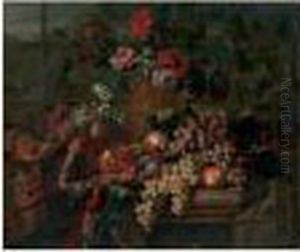 Raisin, Prunes, Poires,
Grenades, Sur Un Entablement Orne D'un Riche Tapis Et De Fleurs Dans Un
Vase Cisele Et Dore. by Jean Baptiste Belin de Fontenay