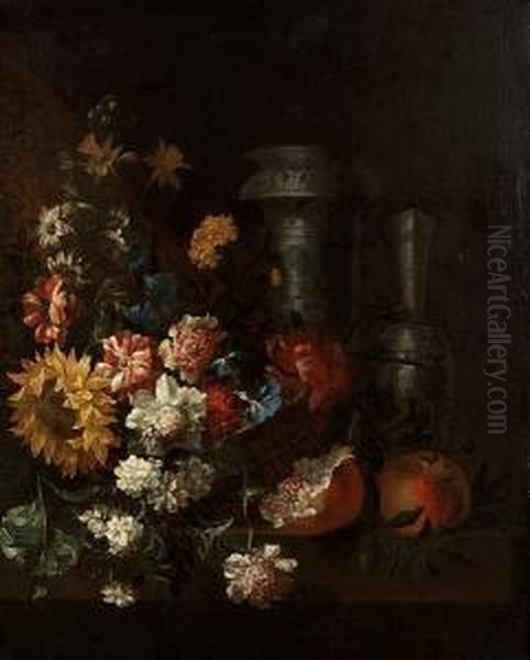 A Basket Of Carnations, Morning
Glory, Peonies And A Sun Flower With Two Oriental Blue And White Vases
And Pomegranates On A Wooden Table - view 1