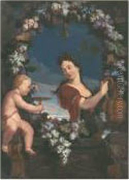 Femme A Mi-corps Tenant Une 
Aiguiere Et Putto Pressant Une Grappe Devant Une Balustrade De Pierre 
Ornee D'une Guirlande De Raisins - view 1