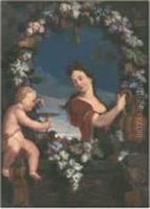 Femme A Mi-corps Tenant Une 
Aiguiere Et Putto Pressant Une Grappe Devant Une Balustrade De Pierre 
Ornee D'une Guirlande De Raisins