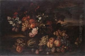 Peaches, Grapes, Pomegranates 
And Plums With Roses, Carnations And Other Flowers In A Basket