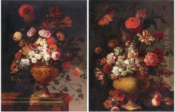 Still Lifes Of Of Flowers In Elaborately Carved Vases: A Pair Of Paintings - view 1