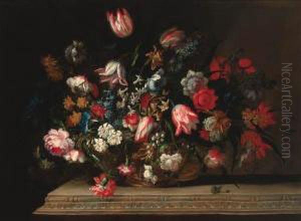 Tulips, Narcissi, Daffodils, 
Hyacinths, Carnations, Anemones, Bluebells, Morning Glory And Other 
Flowers In A Gilt Urn, On A Carved Ledge - view 1