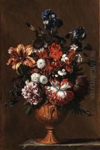 Irises, A Tulip, A Poppy, A 
Rose, Jasmine And Other Flowers In Asculpted Urn On A Stone Ledge--in A 
Painted Wooden Surround