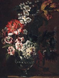 Carnations, Stocks, Dahlias And A Parrot Tulip In A Glassvase by Jean Baptiste Belin de Fontenay