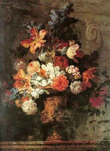 Still life of flowers in a gold vase resting on a marble ledge
