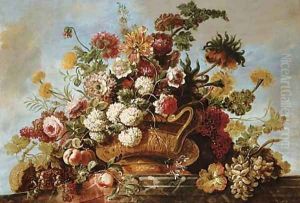 Flowers in a terracotta vase with fruit on a ledge by Jean Baptiste Belin de Fontenay