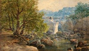 Figures Crossing A Suspension Bridge Above A Rockywaterfall