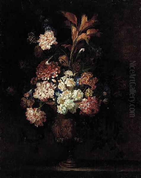 Carnations, morning glories, narcissi and other flowers in an urn on a stone plinth - view 1