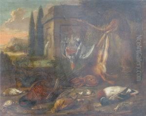 Still Life Study Of Game By A Classical Wall And Fountain With Trees And Lake Beyond