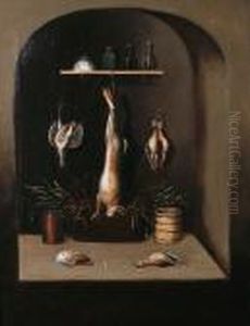 Dead Fowl Hanging From A Rail
Above A Basket Of Wheat, An Earthenware Jug And Two Other Birds In A
Stone Niche; And Dead Fowl And Hare Hanging From A Shelf Above A Basket
Of Wheat And Jars In A Stone Niche by Benjamin Blake