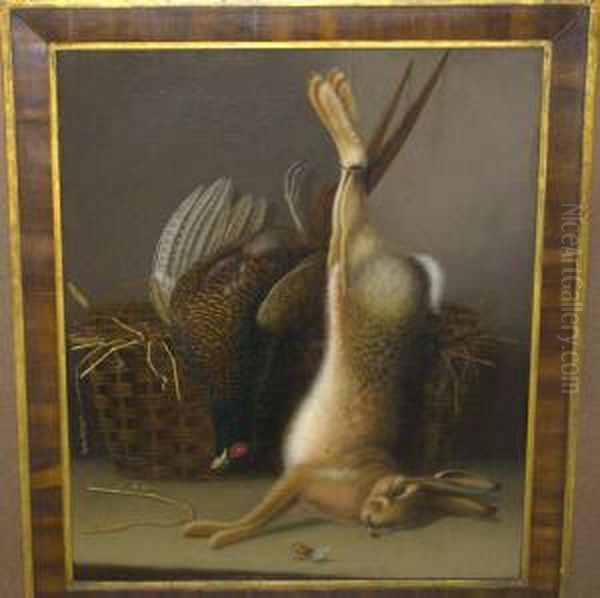Still Life Of Dead Game With A 
Hare And Cock Pheasant Beside A Basket Oil On Canvas, 76cm By 63.5cm 
*the Picture Is Contained Within A Gilt And Wooden Inlaid Frame - view 1