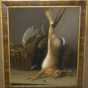 Still Life Of Dead Game With A
Hare And Cock Pheasant Beside A Basket Oil On Canvas, 76cm By 63.5cm
*the Picture Is Contained Within A Gilt And Wooden Inlaid Frame by Benjamin Blake