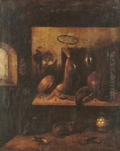 A Kitchen Interior With A Dead 
Hare And Dead Pheasants On A Tabletop With An Earthenware Jar And Copper
 Pan.