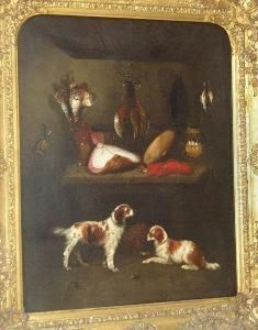 Game Dogs Guarding Fish And Game In A Larder