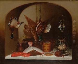 Still Life Of Pheasants, Duck, Woodcock, Eggs, Lobster And A Flatfish In A Larder by Benjamin Blake