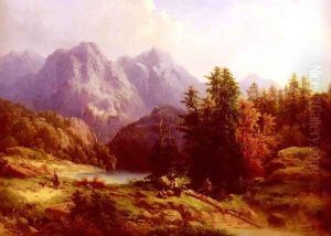 Woodsman And Family In An Alpine Landscape by H. Baumgartner