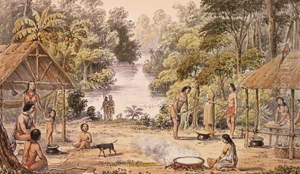 A Settlement on the Upper Pomeroon, Sambura, Guiana- Caribs Crushing Sugar Cane and Making Cassava Bread, from `Indian Tribes of Guiana' - view 1