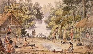 A Settlement on the Upper Pomeroon, Sambura, Guiana- Caribs Crushing Sugar Cane and Making Cassava Bread, from `Indian Tribes of Guiana'