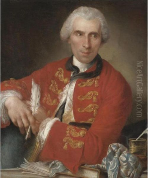 Portrait Of A Gentleman, Half 
Length, Said To Be A Member Of The French Academy In Rome, Seated At His
 Desk, Wearing A Red Coat With White Chemise, Holding A Quill, A Letter 
And A Book In Front Of Him - view 1