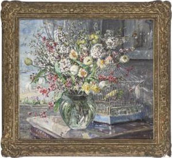 Tulips And Other Summer Flowers In A Vase With A Canary To The Side - view 1