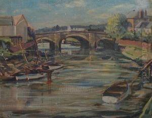 River Scene With Bridge And Boats. by Emily Beatrice Bland