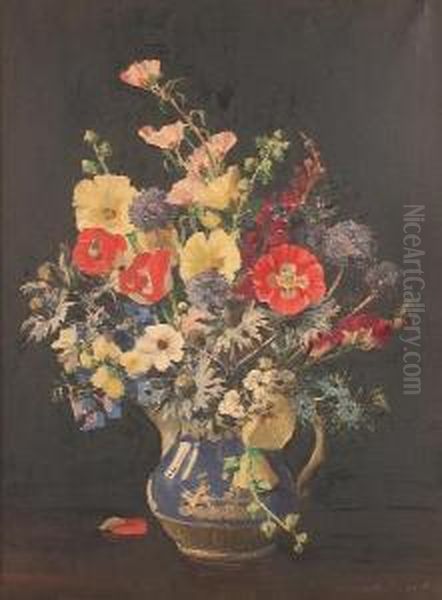 Poppies And Cornflowers In A Blue And White Jug - view 1