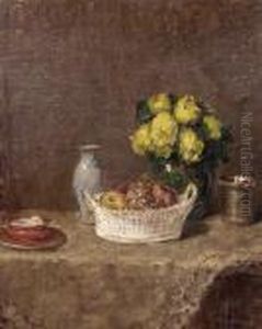 Blumenstilleben Mit Obstschale, Becher, Tasse Und Krug Auf Einemtisch