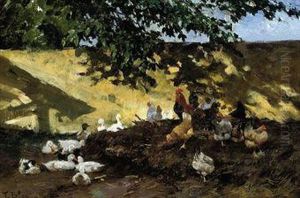 Ducks And Chickens In A Farmyard by Tina Blau