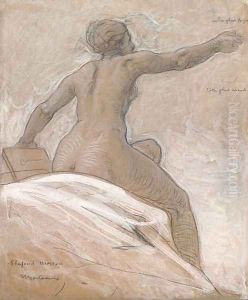 Study of a female nude, seated on a bed, leaning forward by Hippolyte-Dominique Berteaux