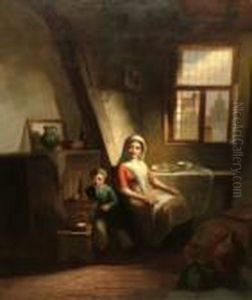 Mother And Child In An Attic With A Cage Ofbirds
