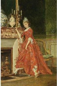 An Elegant Lady And Her Dog By A Fire Place by David Bles