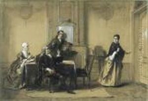 An Elegant Family In An Interior With A Young Woman Leaving Theroom by David Bles