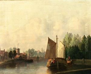 Platbodems Aan De Waterkant Bij Een Molen by Joseph Bles