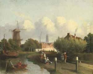 A Busy Canal Near A Dutch Town by Joseph Bles