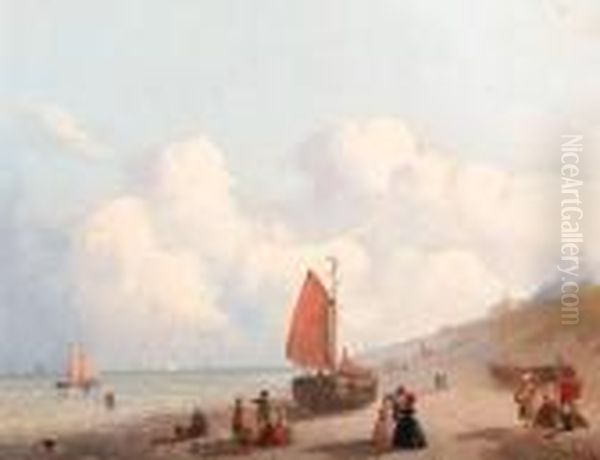 A Sunny Day On The Beach In 
Schevingen; And A Summer River Scenewith Freight Shipping And A 
Fisherman Along A Riverbank - view 1