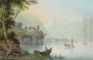 A Swiss Lake Scene Possibly The Vierwaldstattersee by Johann Heinrich Bleuler I