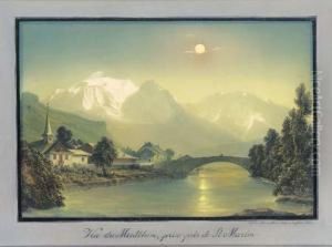Vue Nocturne Du Pont Saint-martin, Le Mont-blanc Au Fond