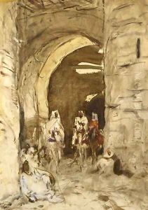Horsemen by a city gate by Marius Bauer