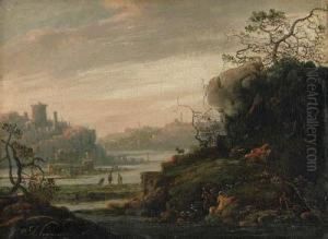 An Extensive River Landscape, A Town On A Hill Beyond