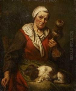 Sitzende Altere Frau Mit Einem Spinnrocken Undeinem Hundchen by Hendrick Bloemaert