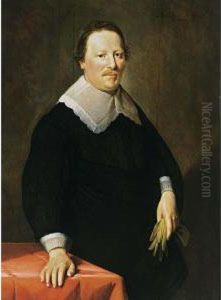 A Portrait Of A Gentleman, Aged 
47, Standing Half Length, Wearing A Black Costume With White Lace Cuufs 
And Collar, Holding Gloves In His Left Hand