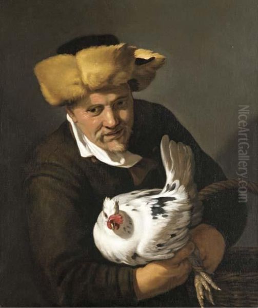 A Poulterer In A Fur Hat Holding A Hen And A Basket - view 1