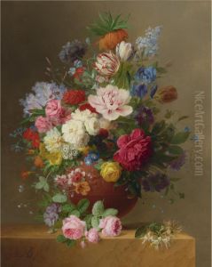 Still Life Of Roses, Lilac, 
Peonies, Tulips, An Iris, Auriculas,fritillaria Imperialis, Morning 
Glory And Other Flowers In Aterracotta Vase On A Stone Ledge, With A 
Sprig Of Honeysuckle