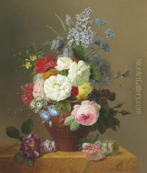 Roses, Poppies, Cornflowers,
Convulvulus, Jasmine, Fritilleries, Aprimula, A Peony, And Lilac In A
Terracotta Vase With A Sprig Ofroses And Other Flowers On A Stone Ledge - view 1