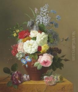 Roses, Poppies, Cornflowers, 
Convulvulus, Jasmine, Fritilleries, Aprimula, A Peony, And Lilac In A 
Terracotta Vase With A Sprig Ofroses And Other Flowers On A Stone Ledge